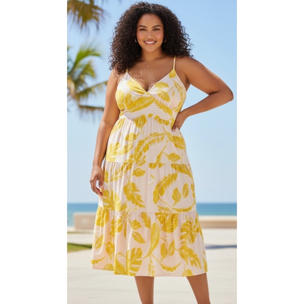 Wild Fable Floral Sleeveless Tiered Leaf Print Dress Yellow & Pink Size 4X